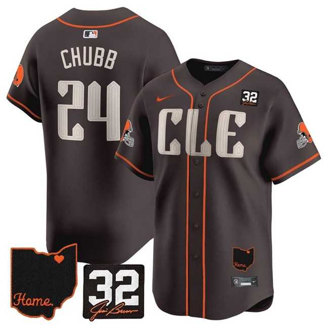 Mens Cleveland Browns #24 Nick Chubb Brown With Jim Brown Memorial & Home Patch Vapor Premier Limited Stitched Baseball Jersey